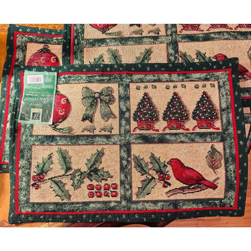 Yuletime Tapestry Holiday Needlepoint Holly Cardinal Christmas Tree Set of 4 NEW